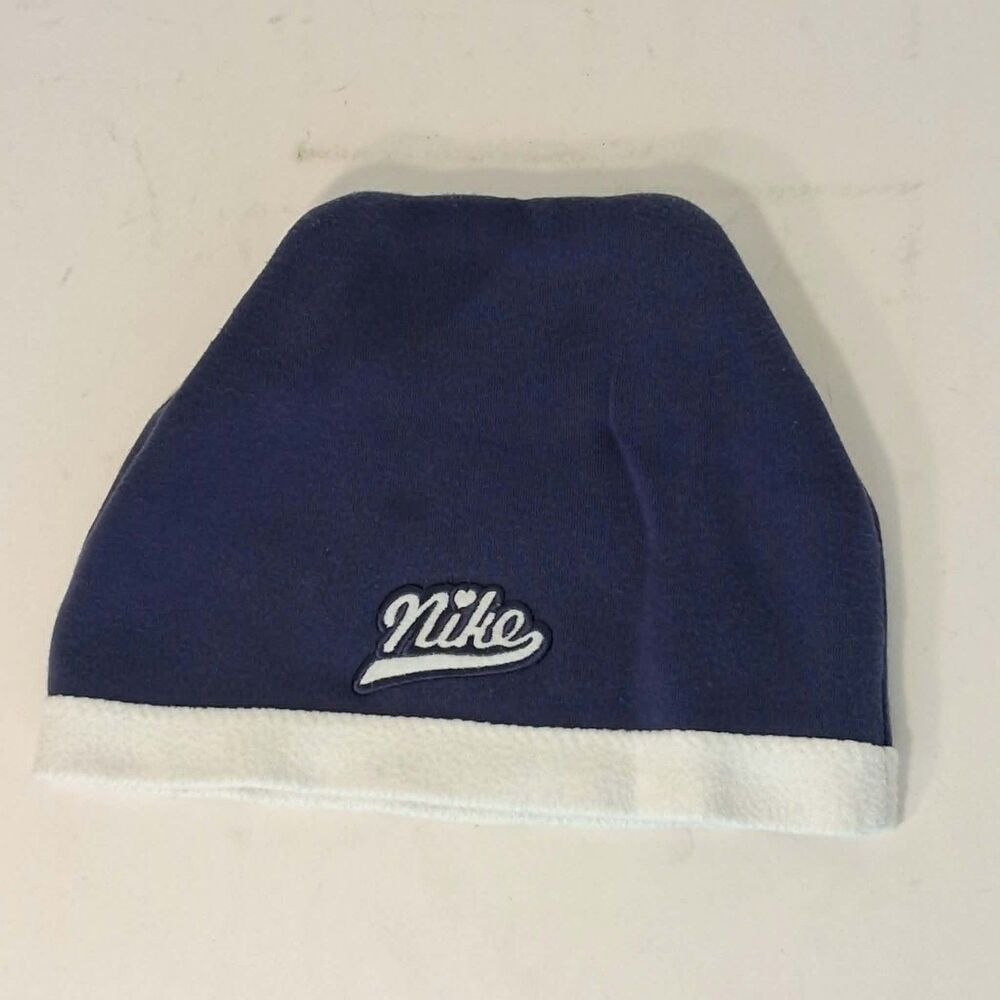 Vintage Nike Script Embroidered Beanie Hat One Size Blue White Fleece Cuff Cap
